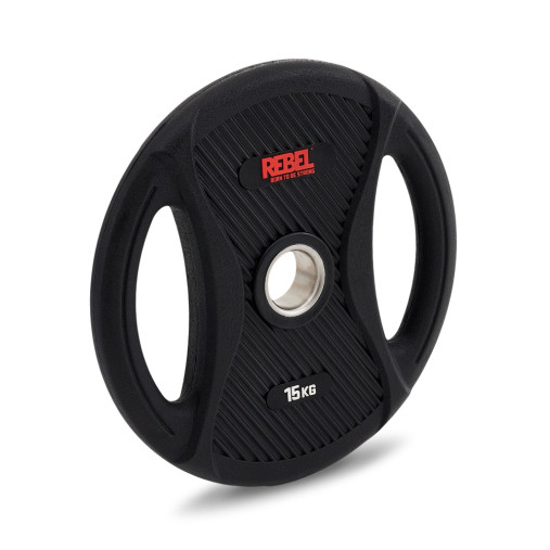 Диск олимпийский обрезиненный с двумя хватами 15 кг REBEL Диск олимпийский обрезиненный с двумя хватами 15 кг REBEL
